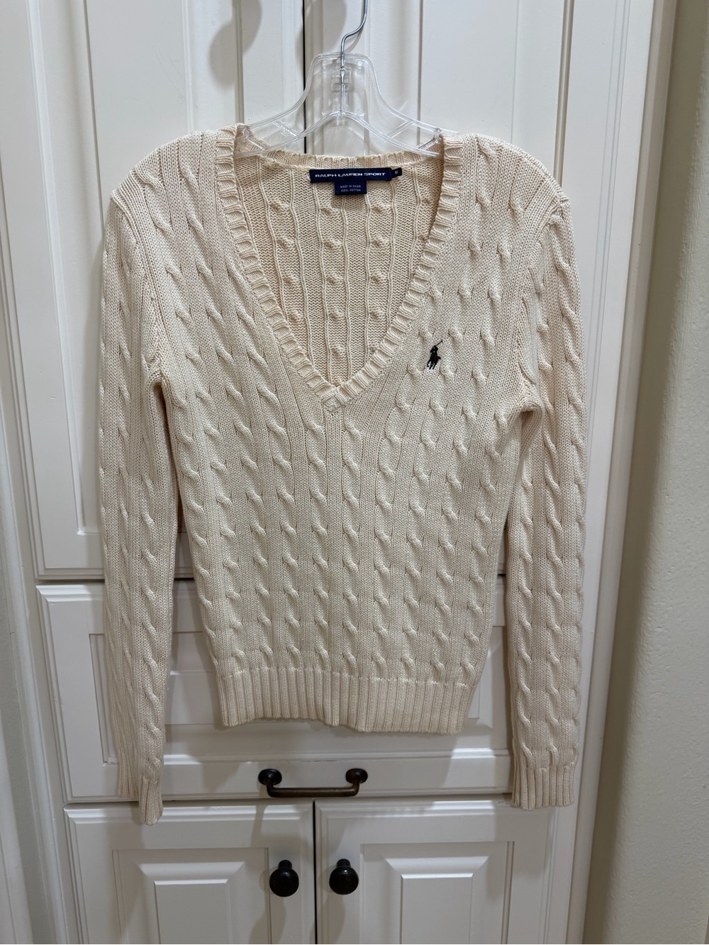 Ralph Lauren Women’s Cream Cable-Knit V-Neck Sweater with Polo Logo